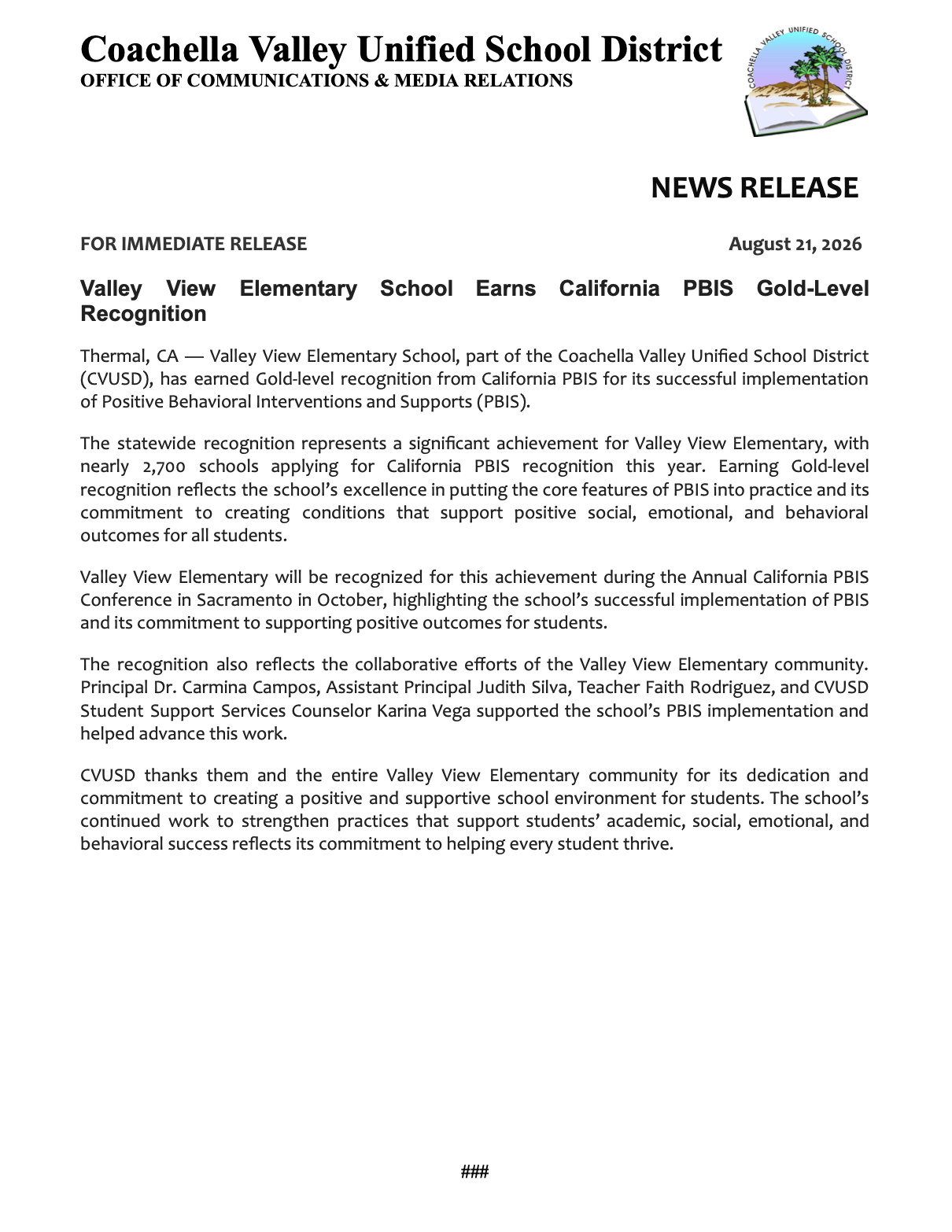 Valley View Elementary School Earns California PBIS Gold-Level Recognition