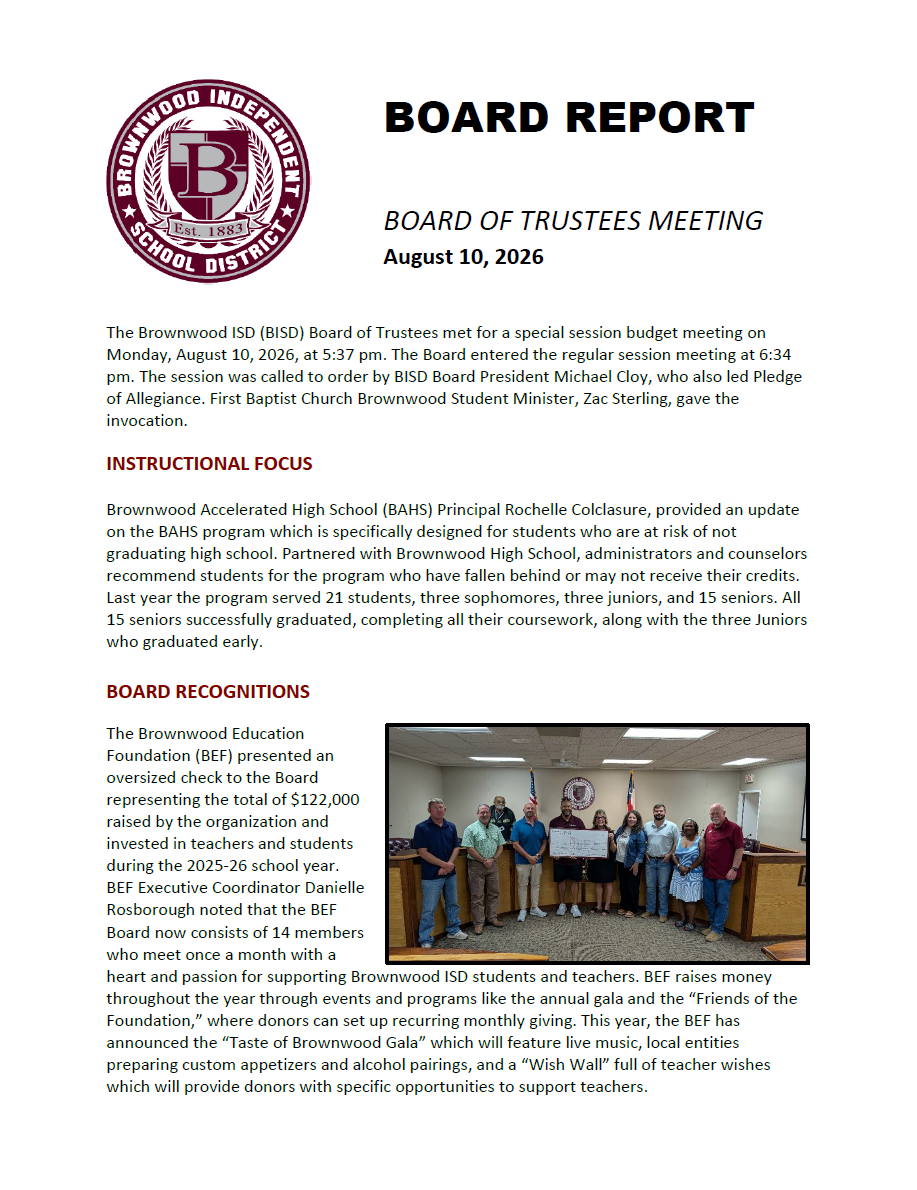 BISD Board of Trustees Meeting Report (08-10-2026)