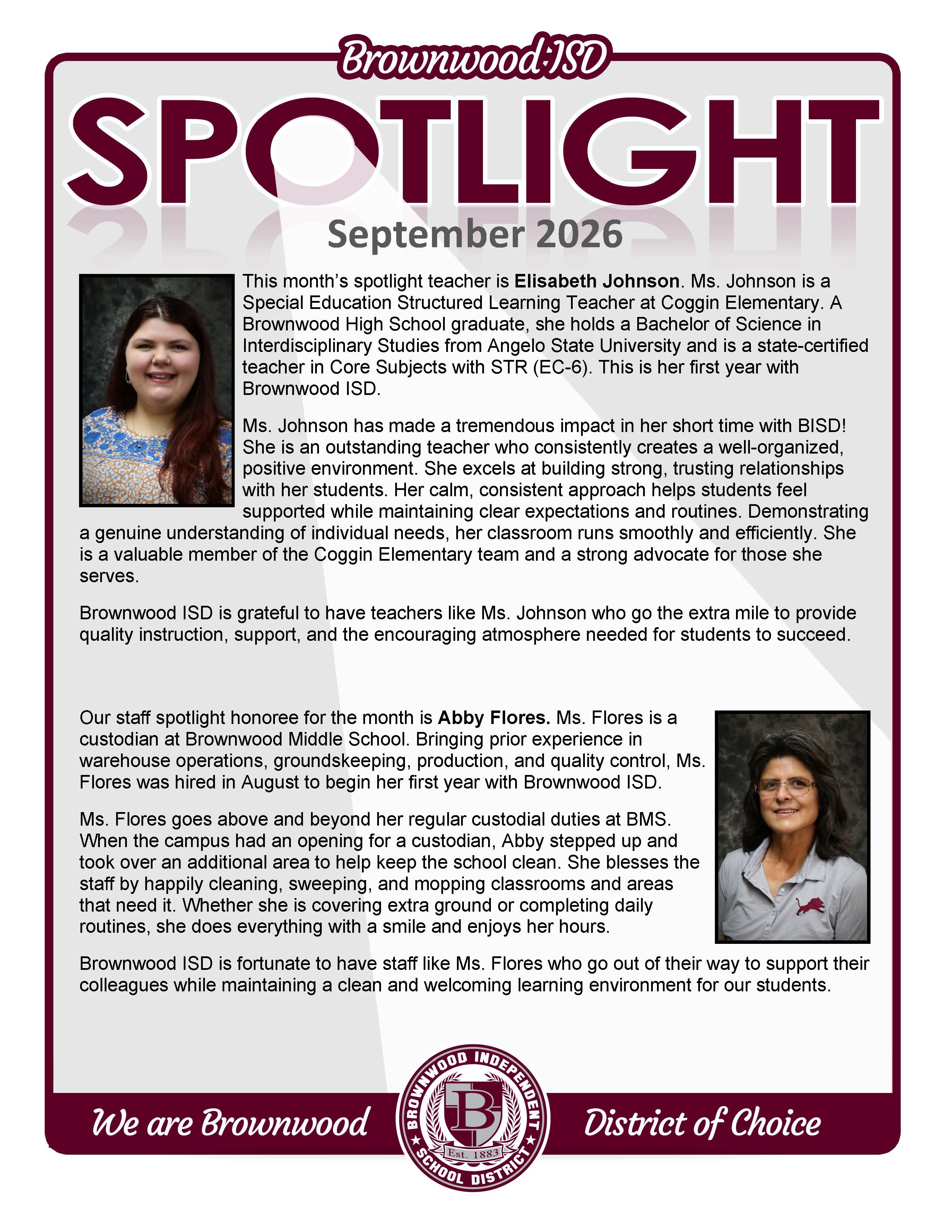 Brownwood ISD September 2026 Spotlight Article Preview