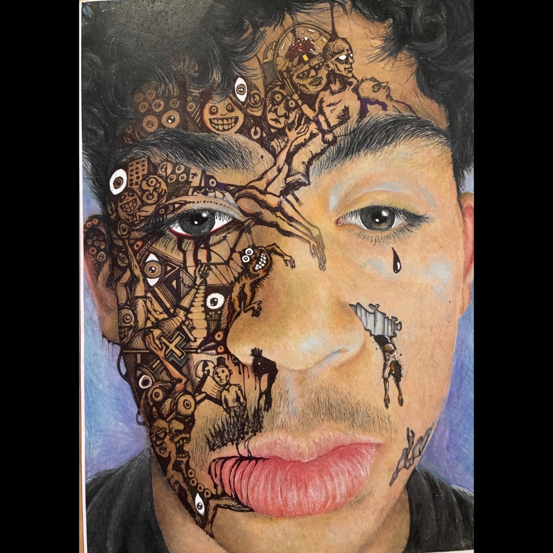 A detailed drawing of a person's face with intricate, surreal illustrations covering half of it.