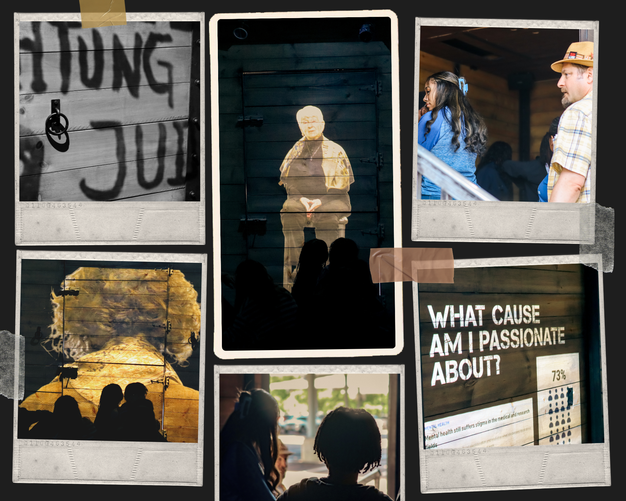 hate ends now collageA collage of polaroid-style images featuring a wooden door with graffiti, a projected image of an elderly person, and people observing an exhibit.