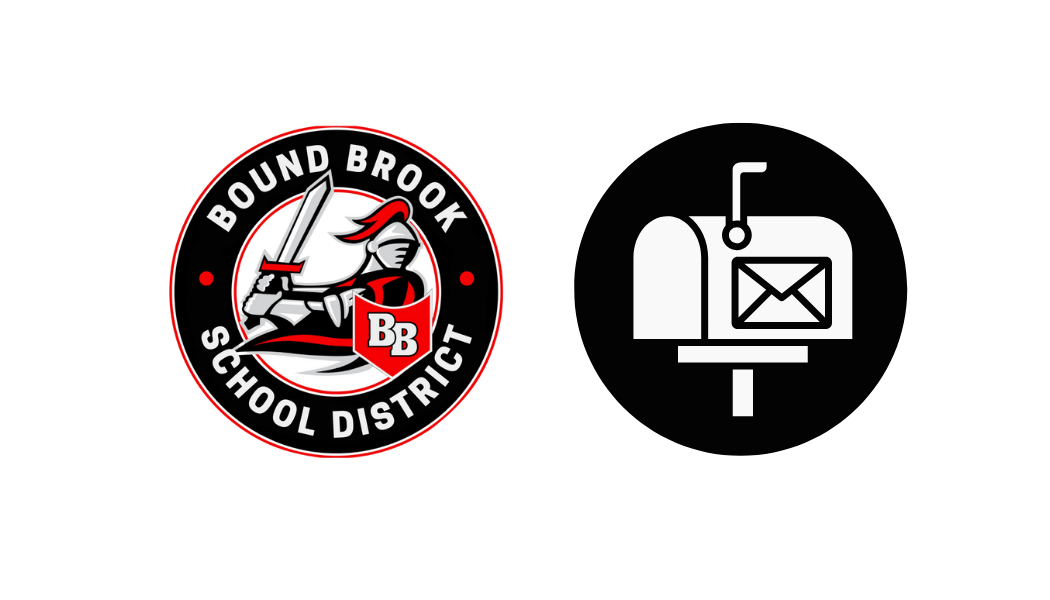 Bound Brook School District logo next to a white mailbox icon on a black circle.