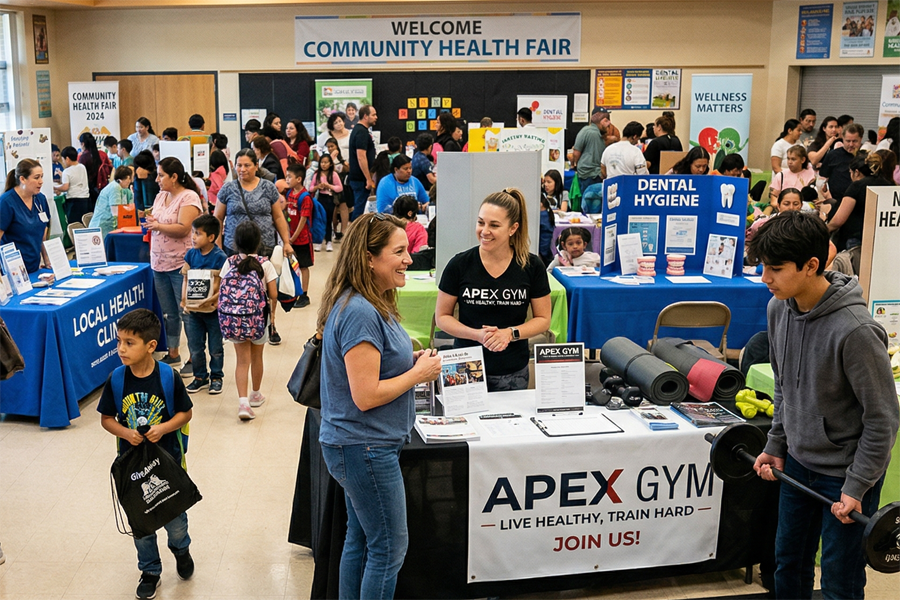 A community health fair with various booths, including 'Local Health Clinic' and 'Apex Gym', is attended by many people.