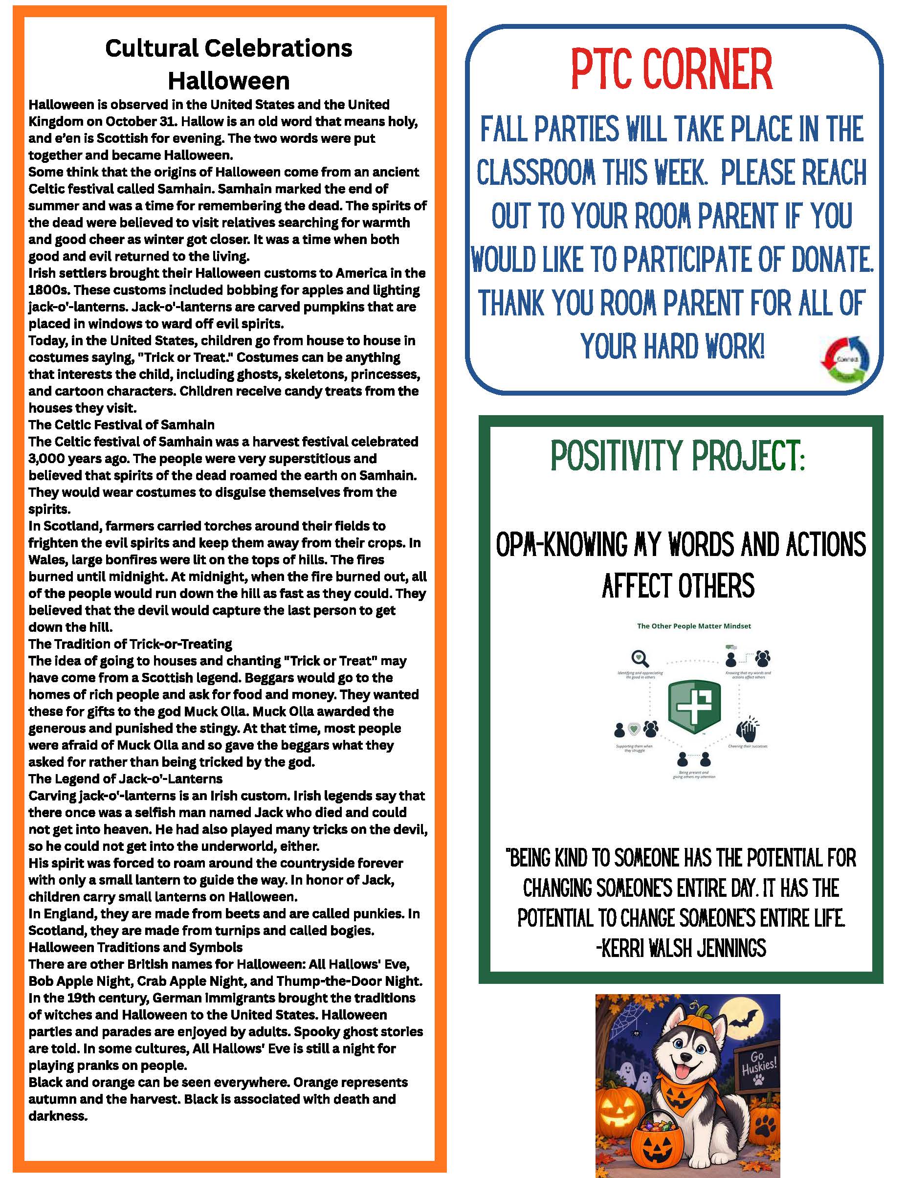 A school newsletter page with sections on Halloween cultural celebrations, PTC updates, and positivity project quotes.