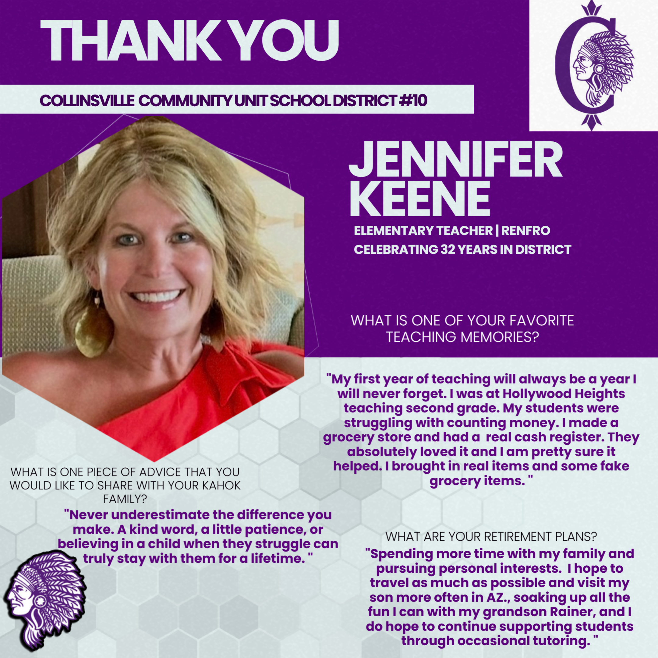 Jennifer Keene smiles warmly, with text detailing her favorite teaching memory and advice for the Kahok family.