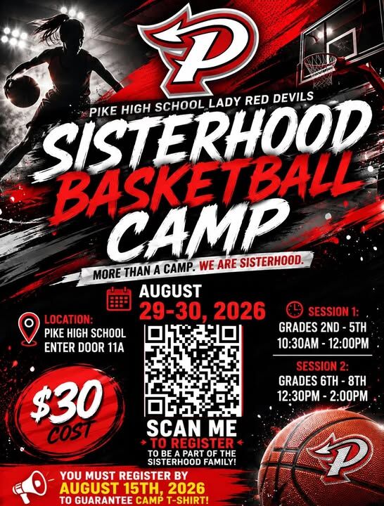 Pike High School Lady Red Devils Sisterhood Basketball Camp flyer with dates August 29-30, 2026.