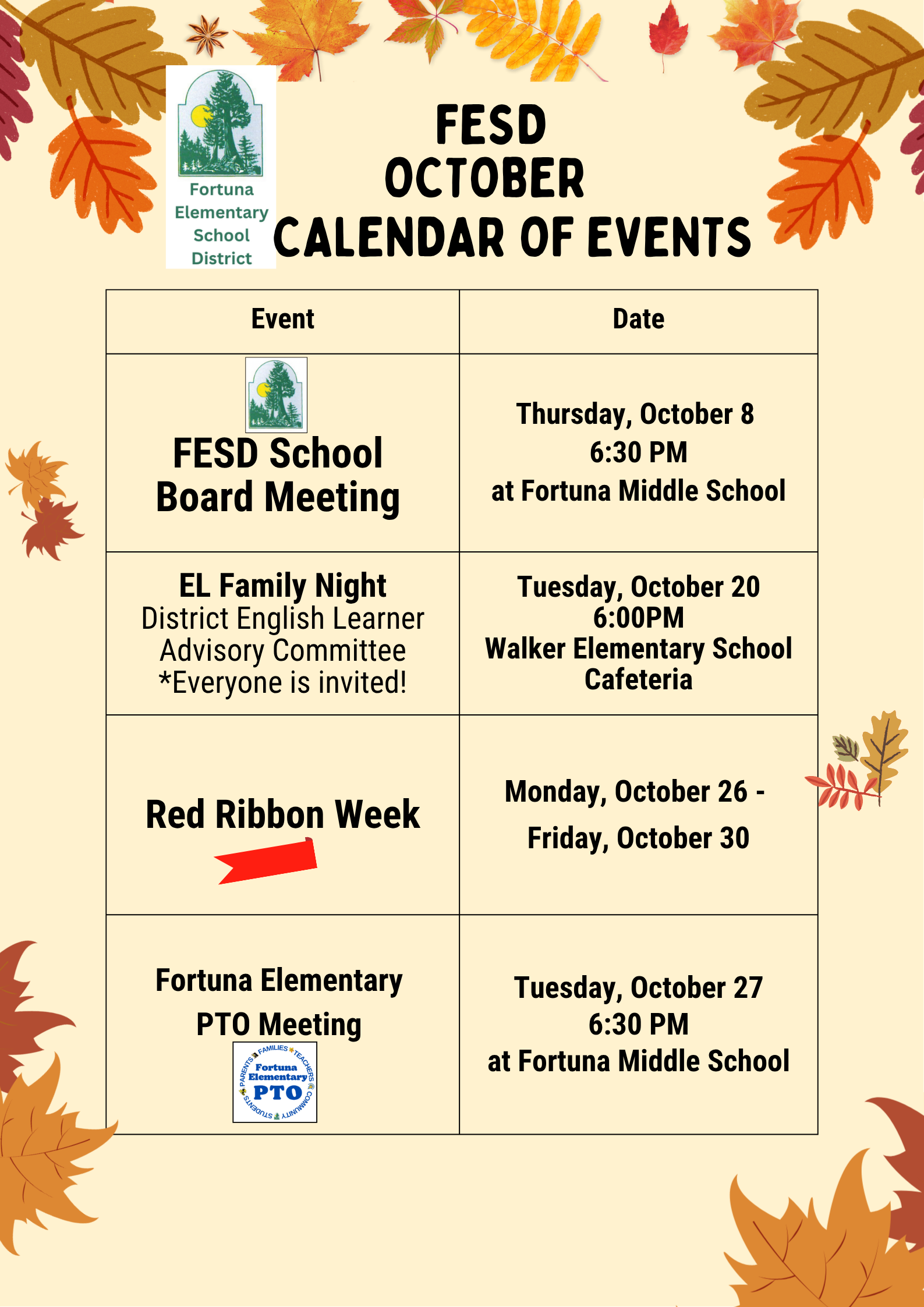 A flyer for FESD October Calendar of Events, surrounded by autumn leaves.