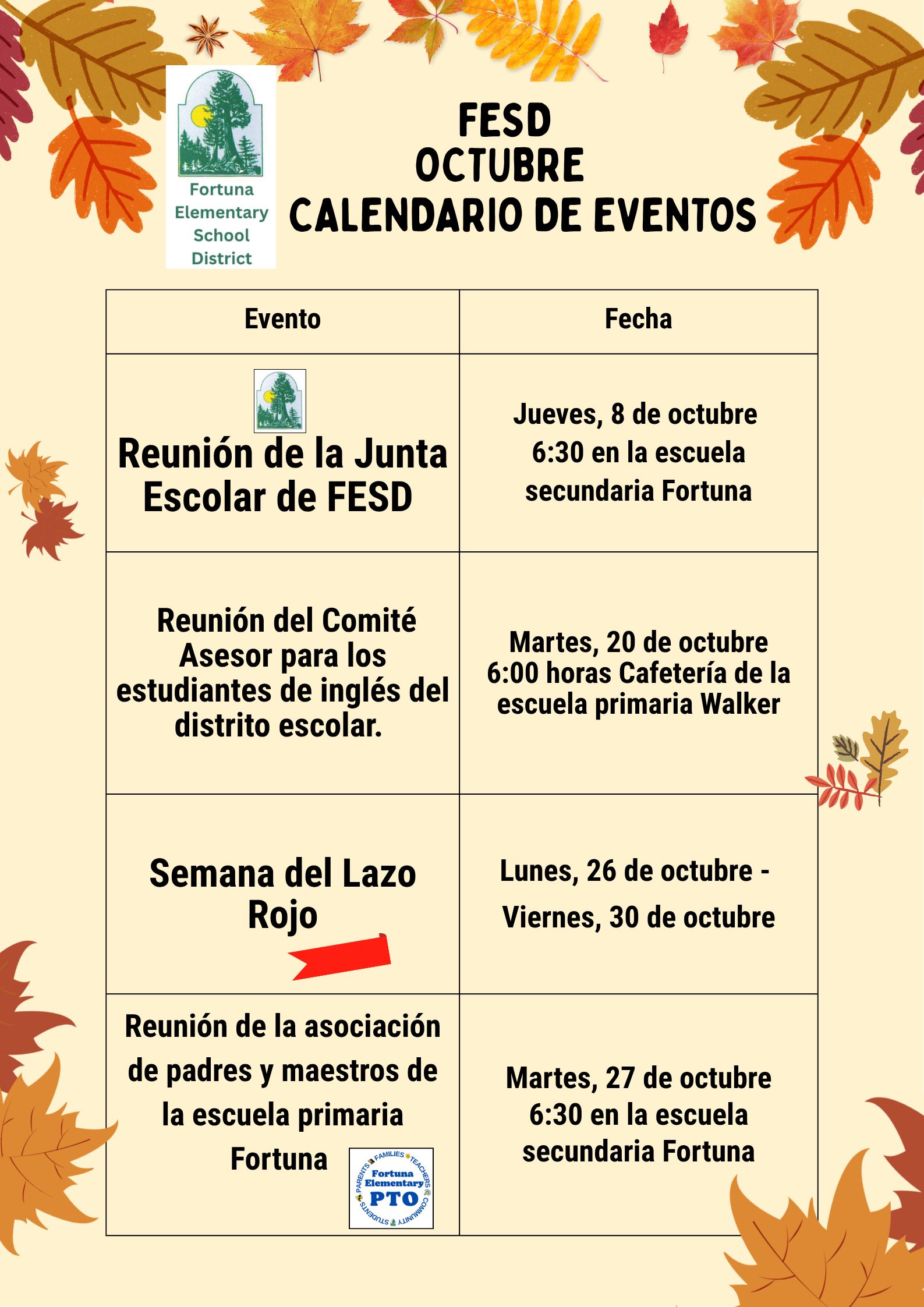 A digital flyer in Spanish for the FESD October Events Calendar, decorated with autumn leaves and the school district logo.
