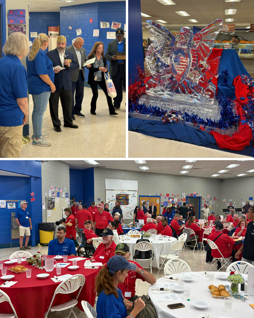 A group of adults gathers in a school hallway with patriotic decorations, while an ice sculpture of an eagle is displayed nearby.