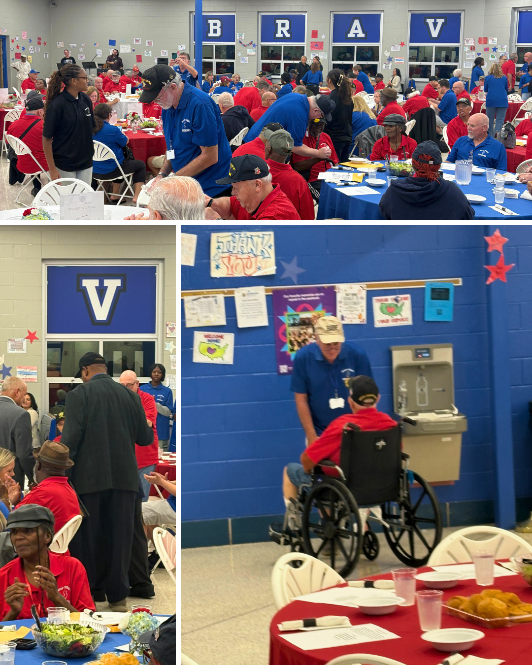 A crowded indoor gathering with people seated at round tables, featuring blue and red tablecloths and patriotic decorations.