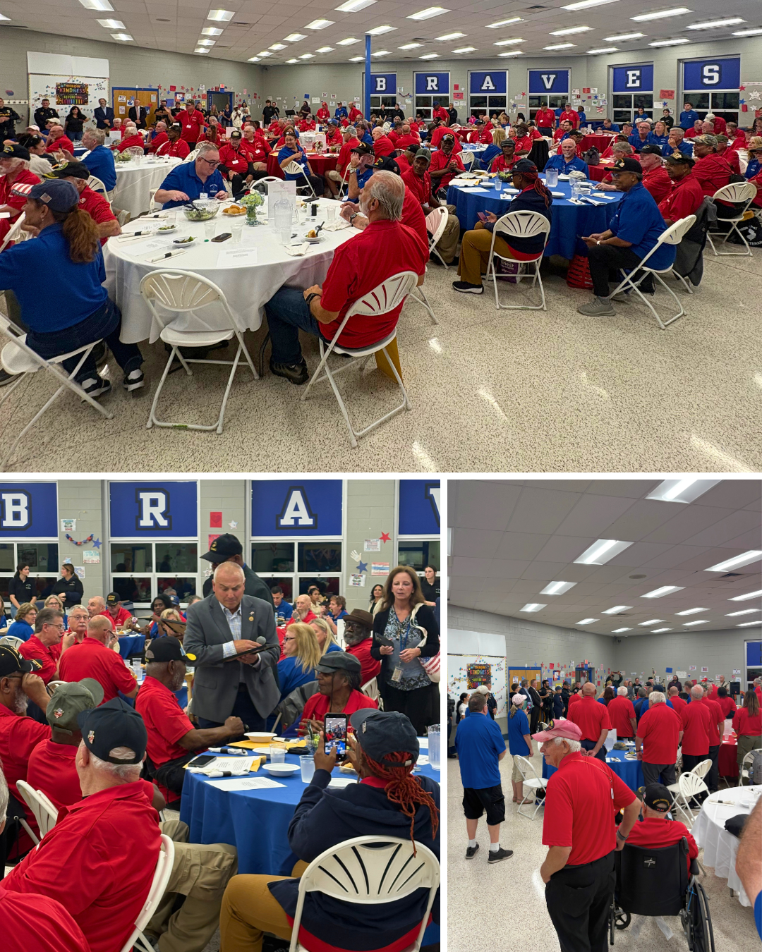 A large, bright cafeteria is filled with round tables where many people sit and eat together.