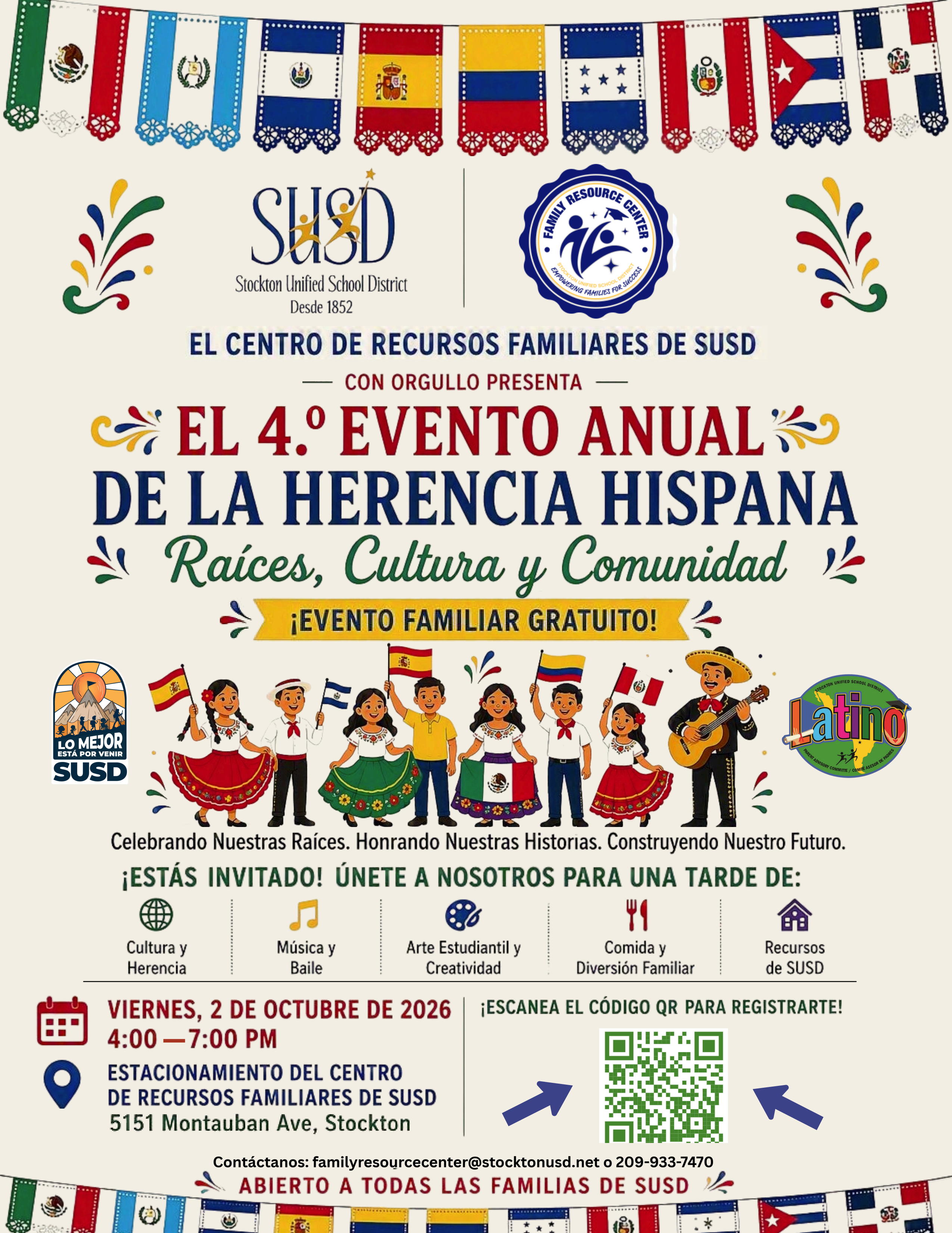 A colorful flyer for the SUSD Family Resource Center's 4th Annual Hispanic Heritage Event on Friday, October 2, 2026, featuring festive flags, illustrations of children dancing, and event details.