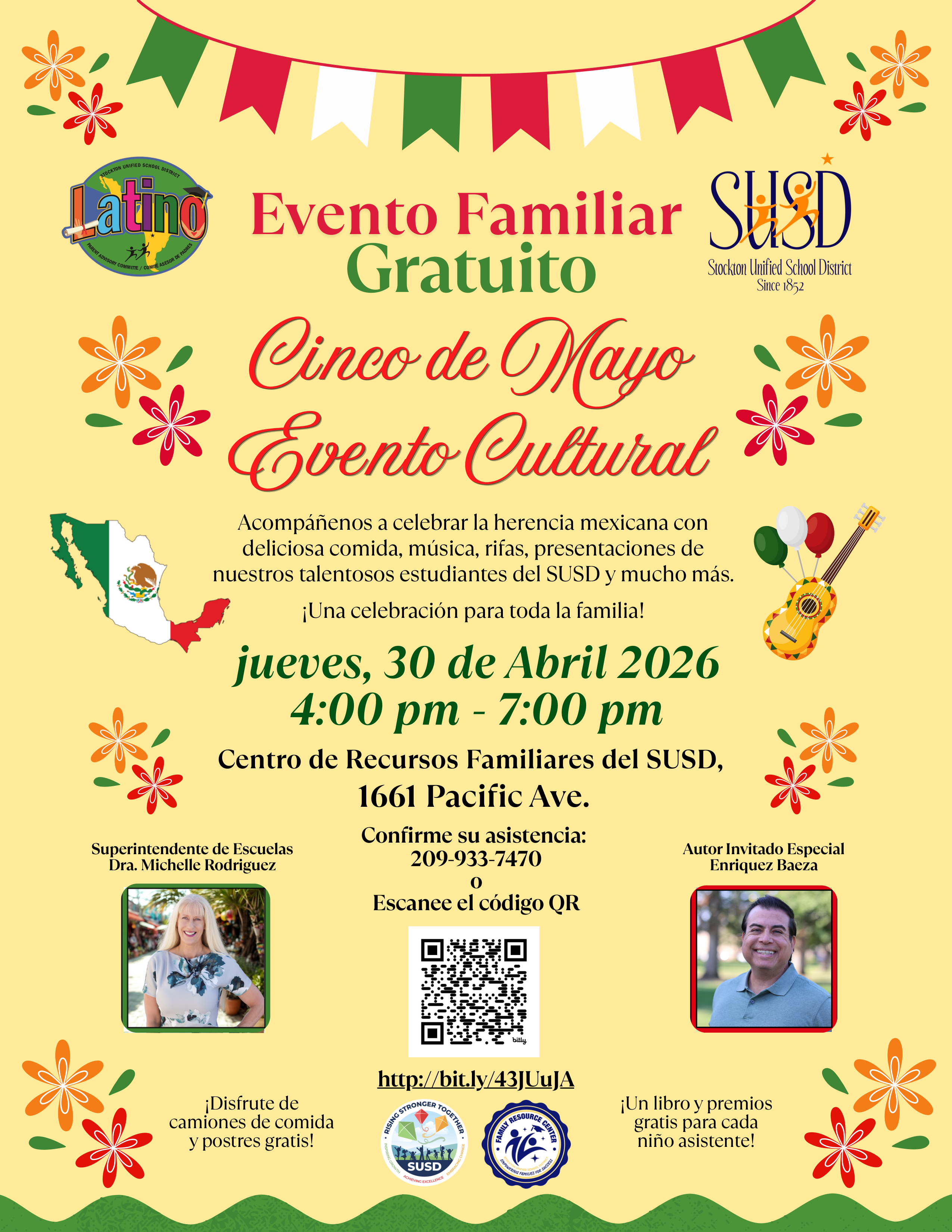 Poster announcing a free Cinco de Mayo Family Cultural Event on Thursday, April 30, 2026, from 4:00 PM to 7:00 PM at the SUSD Family Resource Center.