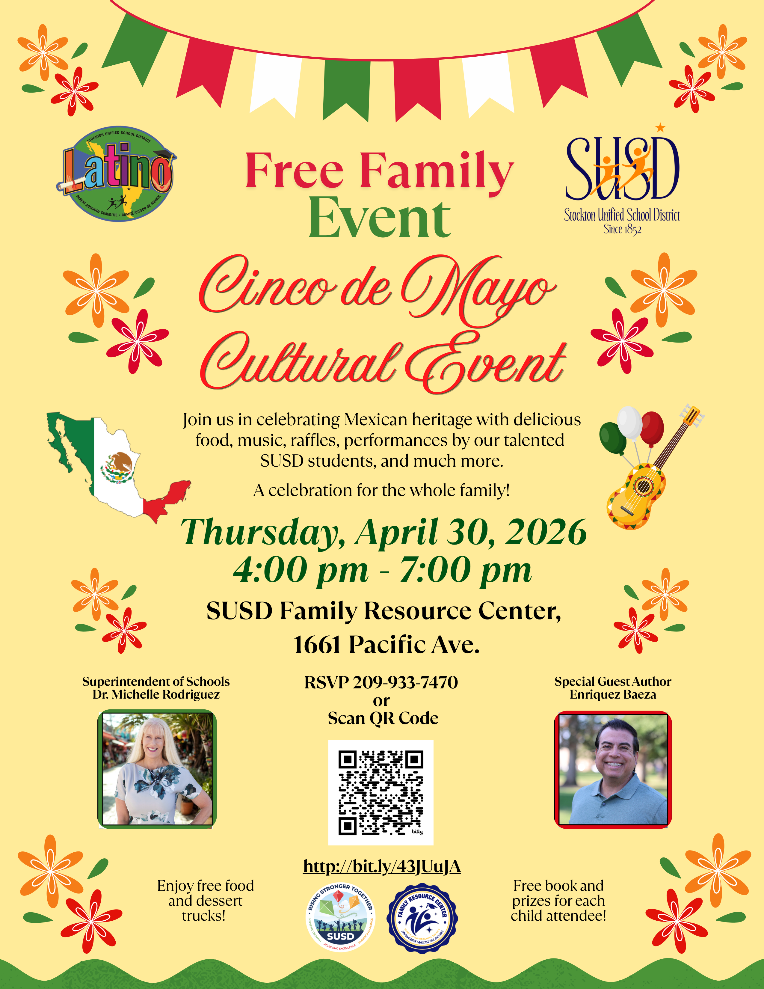 A flyer announces a Free Family Event celebrating Cinco de Mayo Cultural Event on Thursday, April 30, 2026, from 4:00 pm to 7:00 pm at the SUSD Family Resource Center.