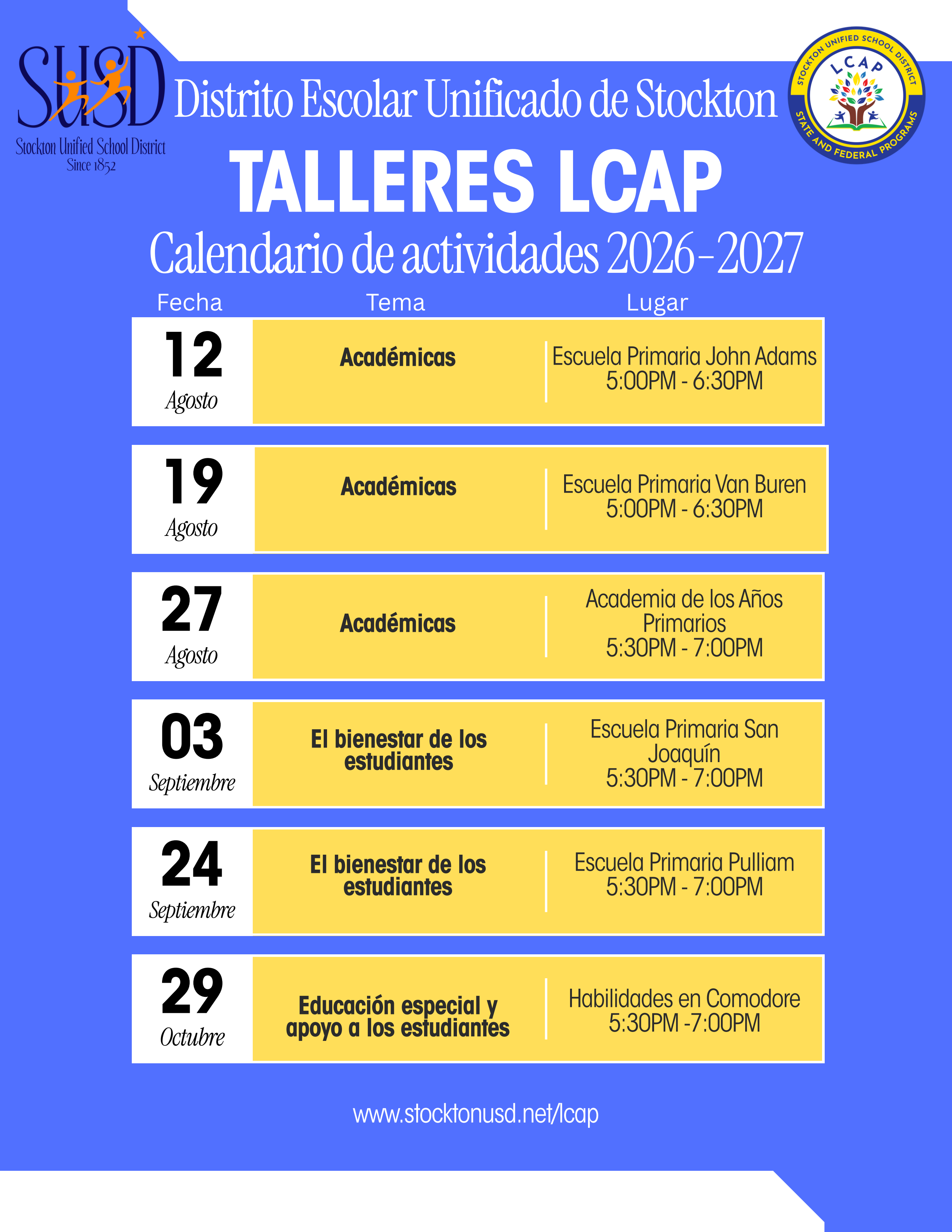 A blue and yellow informational flyer for Stockton Unified School District displaying an LCAP workshop schedule for 2026-2027.