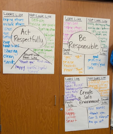 Option 1: Detailed Alt Text (Best for Accessibility & Web)  Three handwritten anchor charts posted on wooden classroom doors focusing on "Act Respectfully," "Be Responsible," and "Create a Safe Environment," with brainstormed lists detailing what each rule looks like, sounds like, feels like, and does not look like.