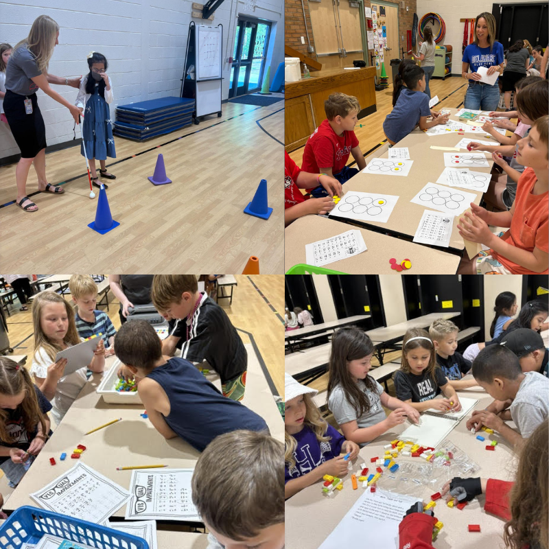 Children participate in a physical activity in a gymnasium with cones and a teacher.