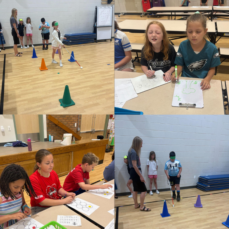 Children participate in a gym class, navigating an obstacle course with cones and sticks.