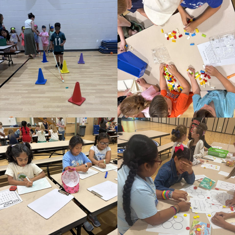 Children participate in a cone-weaving activity in a gymnasium.
