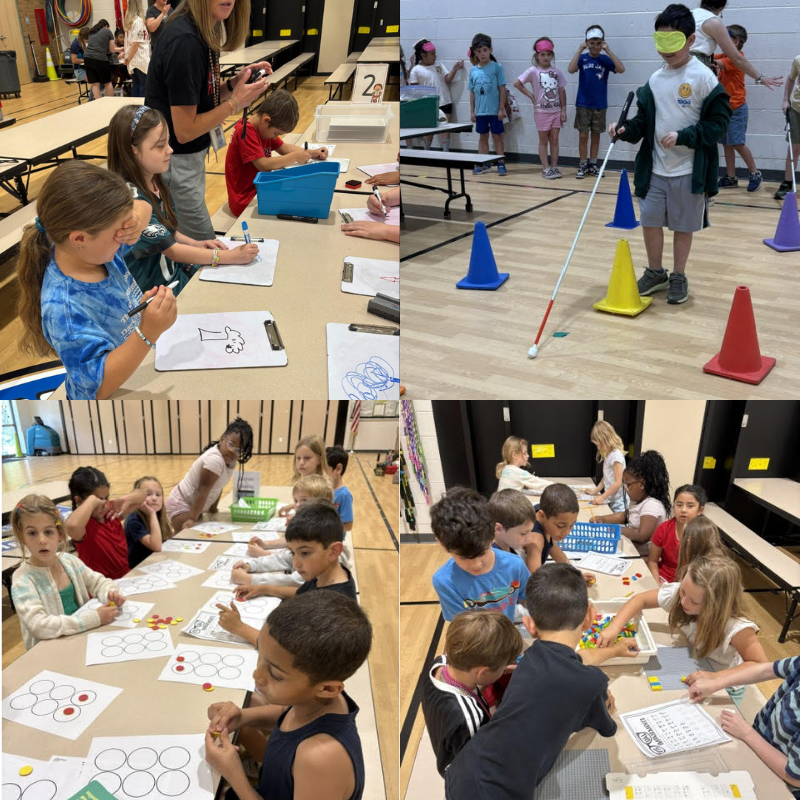 Children participate in a drawing activity at tables in a gymnasium.