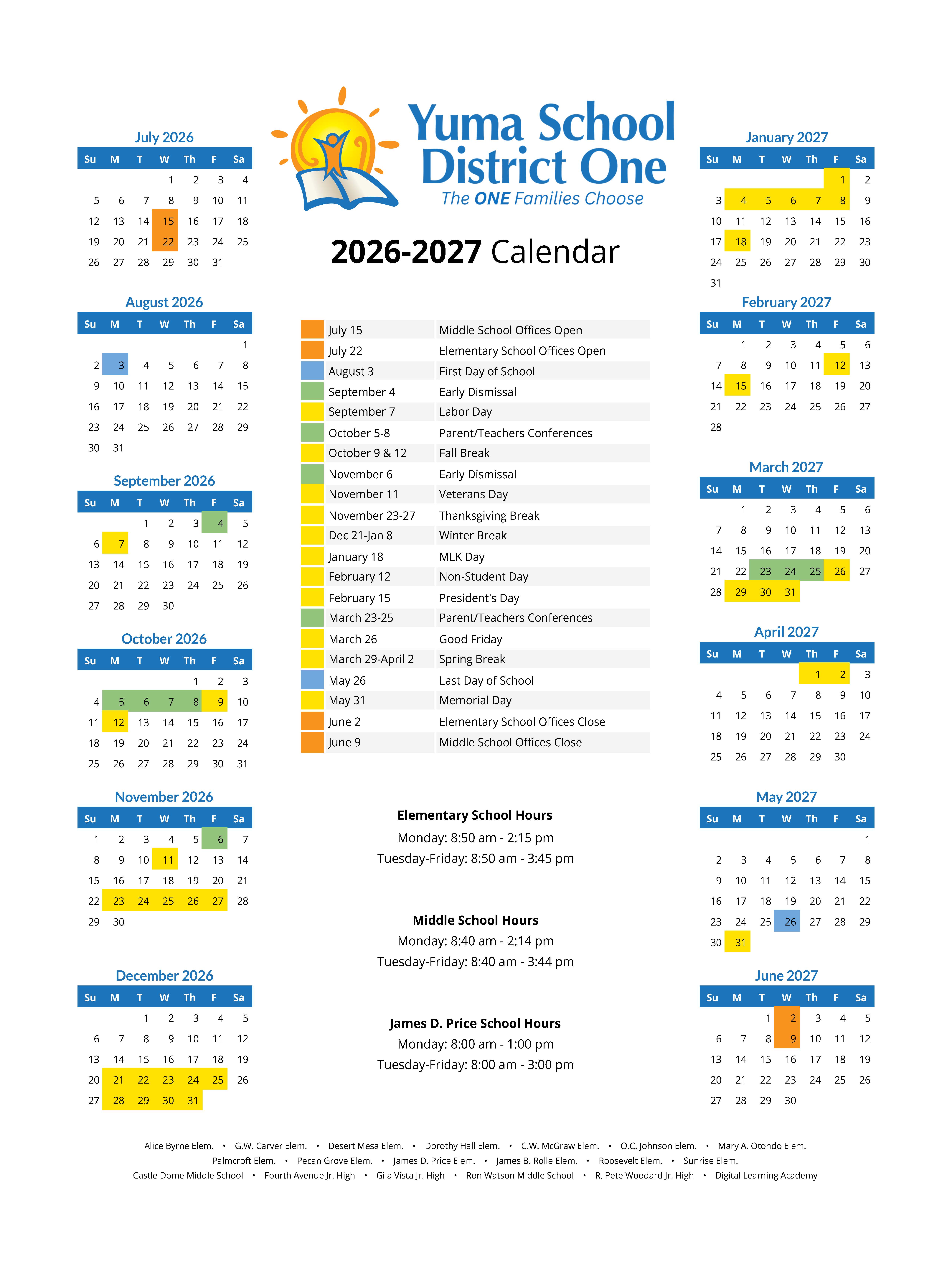 A calendar of the 2026-2027 school with with key dates highlighted