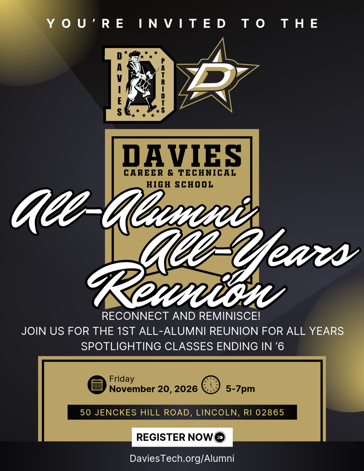 A flyer for the Davies Career & Technical High School All-Alumni All-Years Reunion on Friday, November 20, 2026.