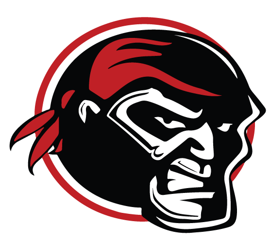 A stylized black and red logo featuring the profile of pirate's head.
