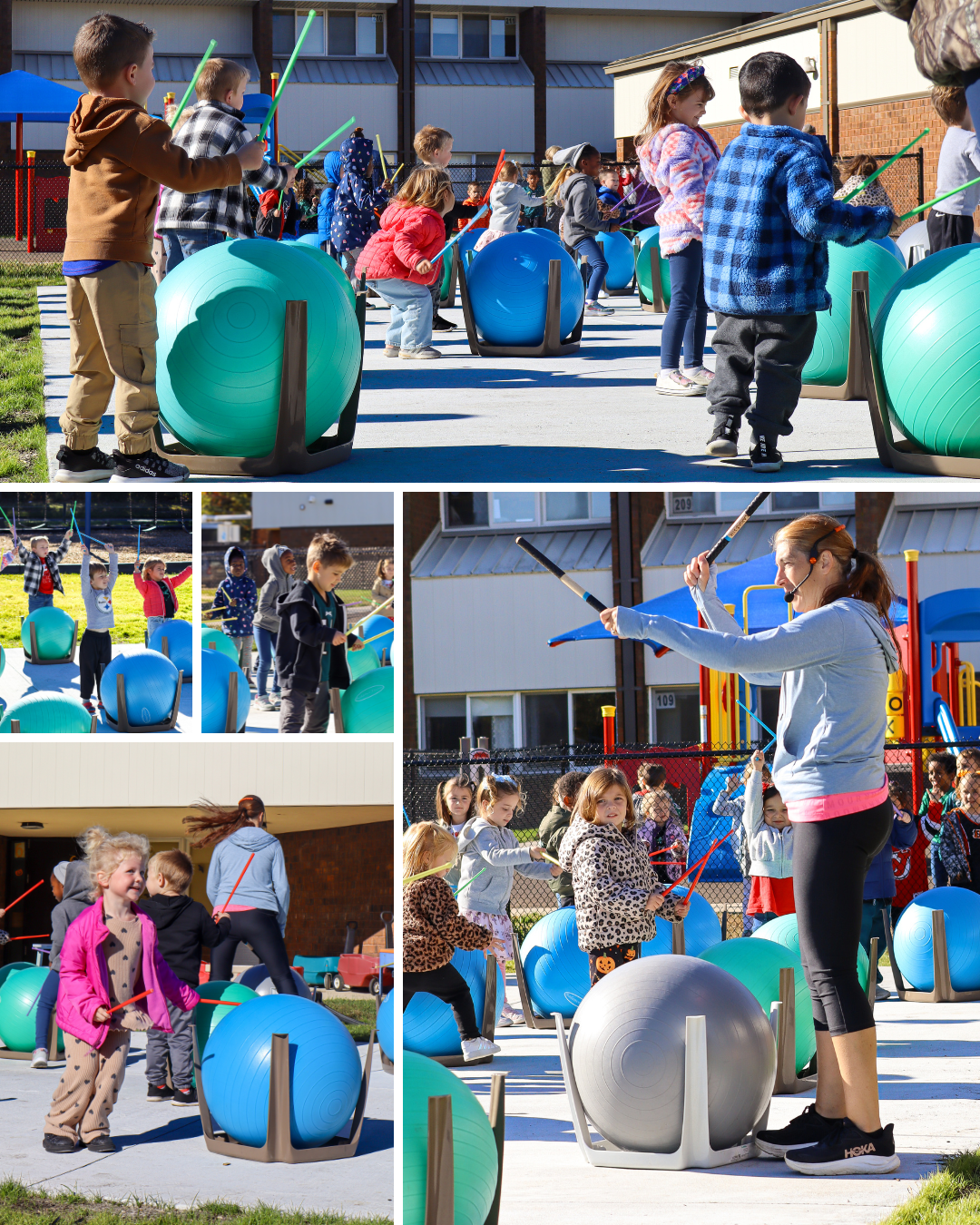 A group of children and an instructor participate in an outdoor exercise class, drumming on large stability balls.
