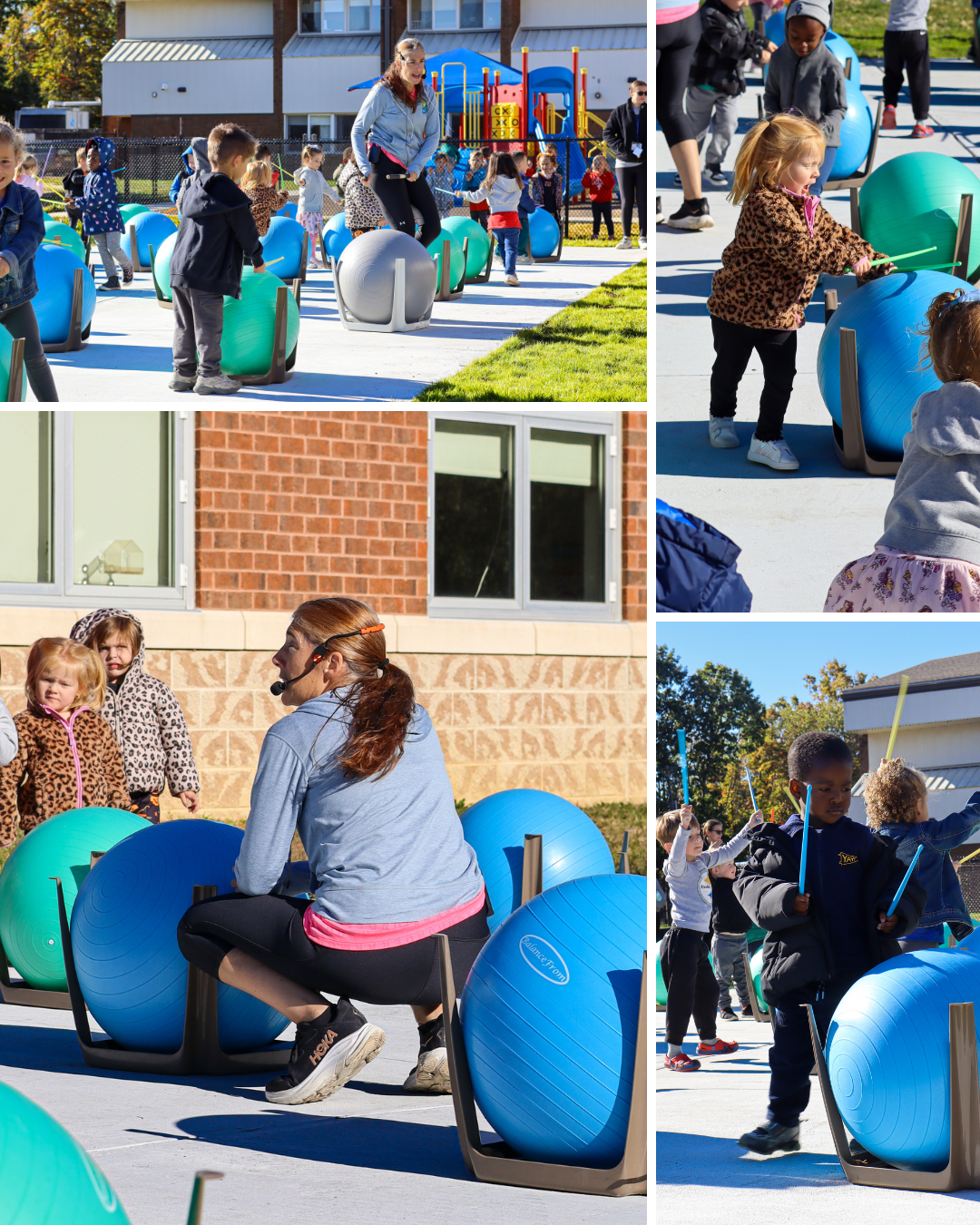 A group of children and an instructor participate in an outdoor fitness class using large stability balls as drums.