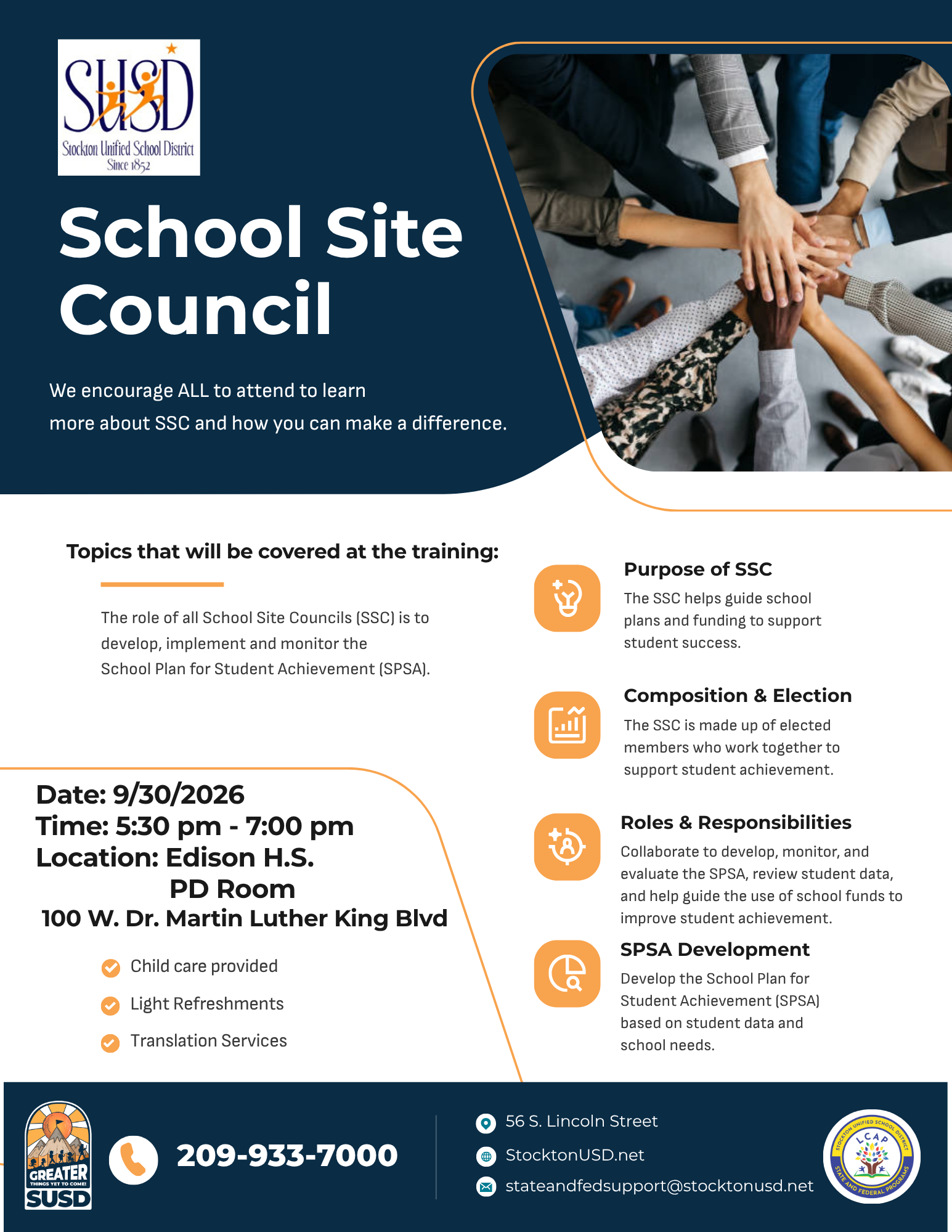 An informational flyer for the Stockton Unified School District School Site Council training on September 30, 2026.