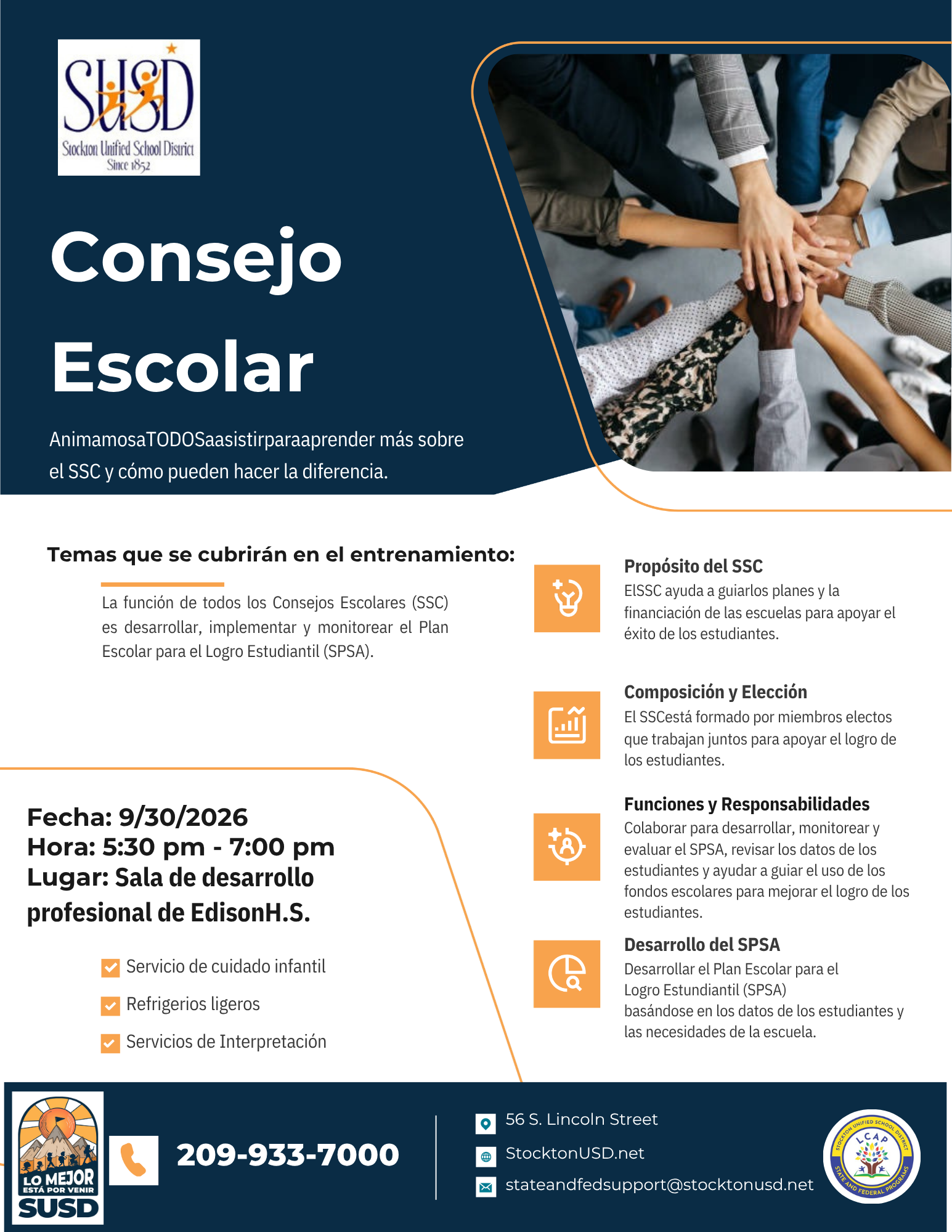 A flyer for a Stockton Unified School District Consejo Escolar meeting on 9/30/2026, featuring details on training topics, date, time, and location.