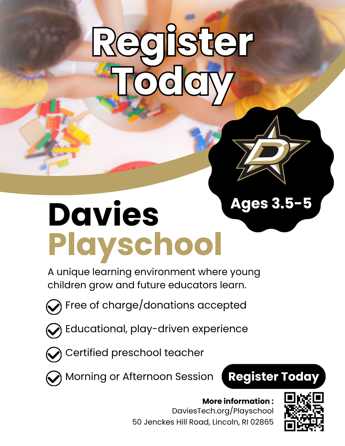Poster for Davies Playschool, featuring children playing with blocks and text about registration.