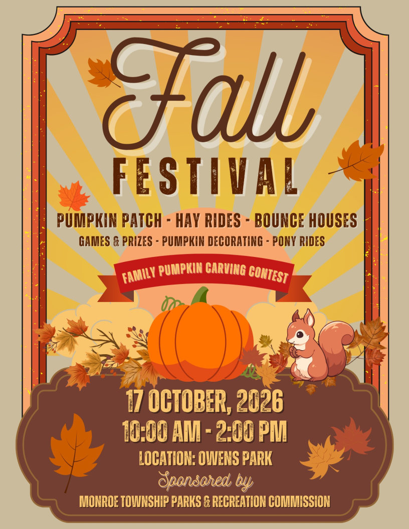 A colorful, vintage-style poster advertising a Fall Festival on October 17, 2026, featuring a large orange pumpkin, a cute squirrel, and falling autumn leaves.