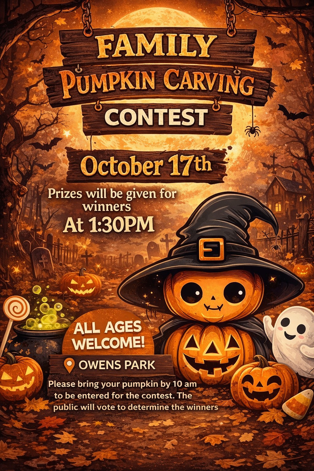A promotional poster for a Family Pumpkin Carving Contest at Owens Park on October 17th, featuring a cute jack-o'-lantern wearing a witch's hat.