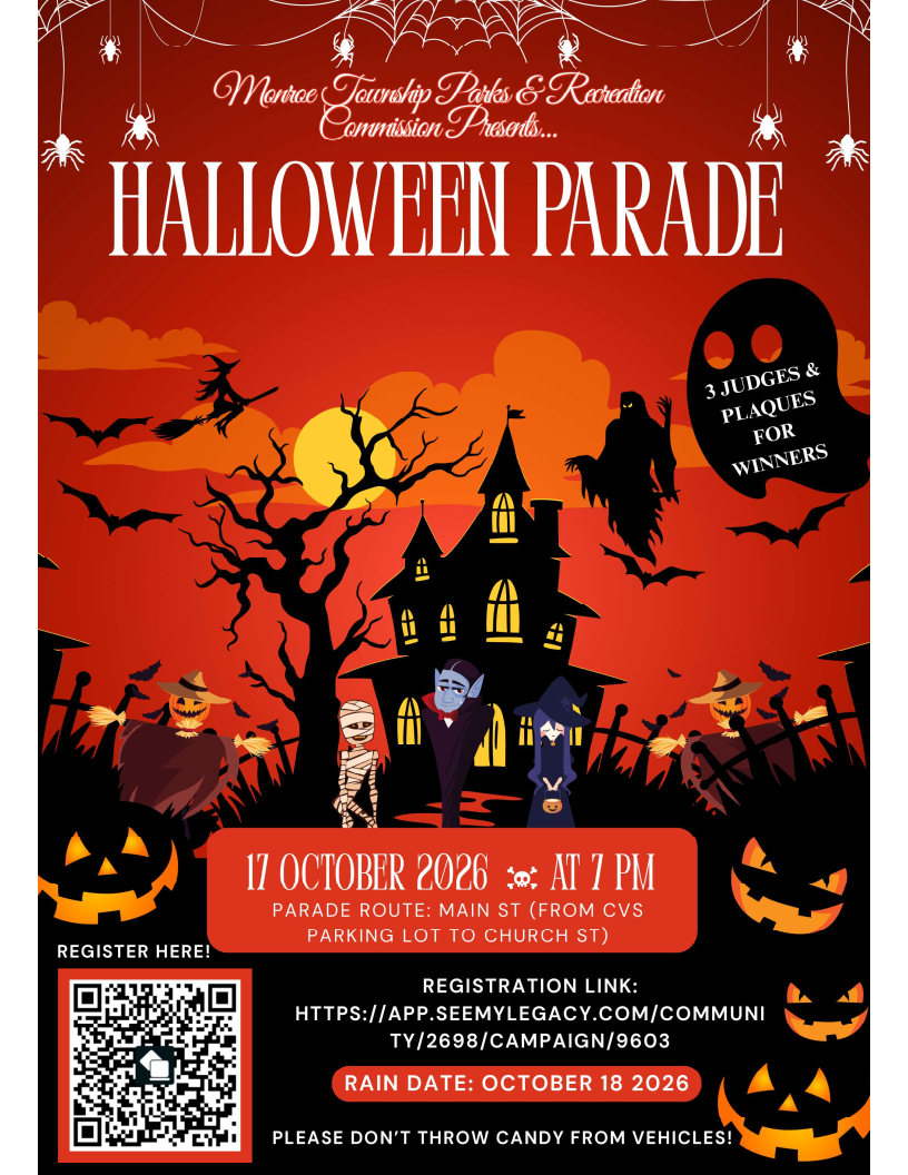A Halloween parade flyer featuring a haunted house, ghosts, bats, jack-o-lanterns, and event details for October 17, 2026.
