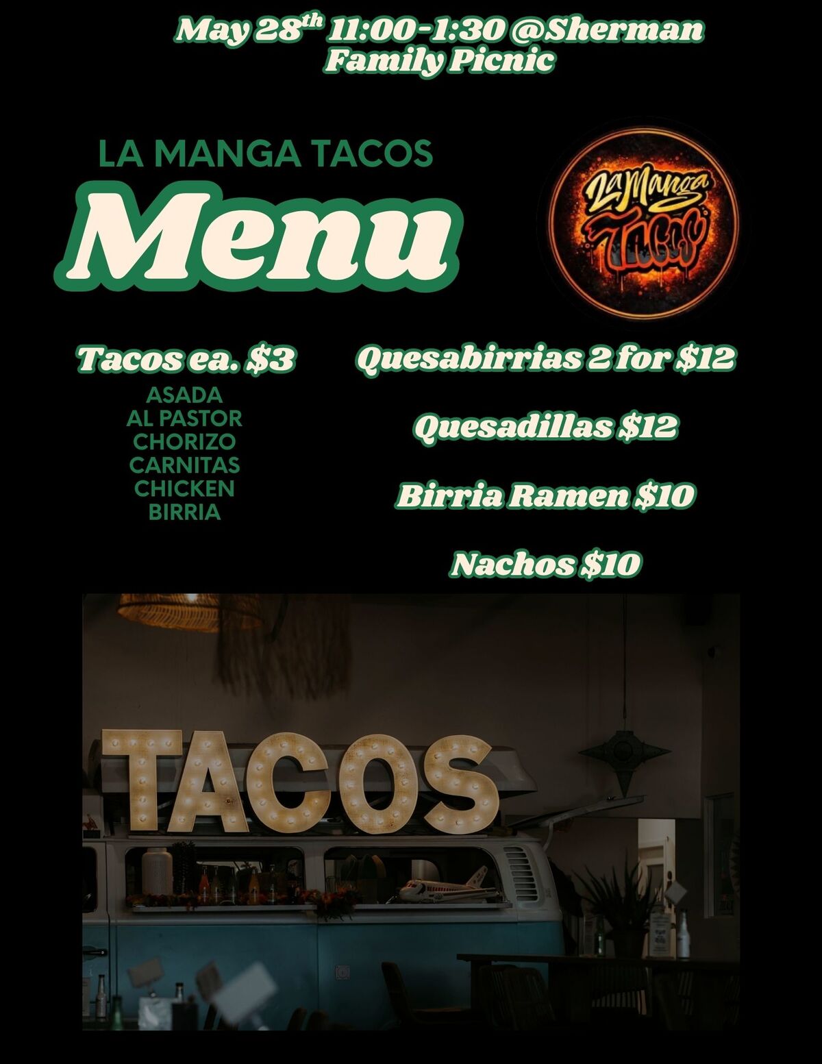 Menu for La Manga Tacos, featuring tacos, quesabirrias, quesadillas, birria ramen, and nachos.