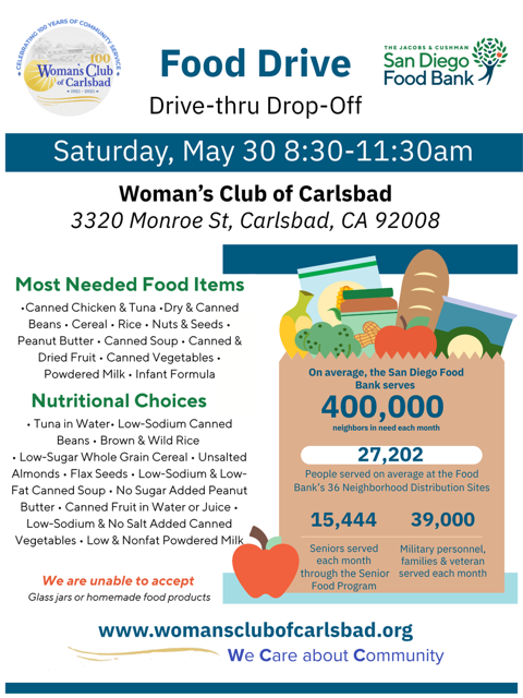 Poster for a Food Drive hosted by the Woman's Club of Carlsbad and San Diego Food Bank on Saturday, May 30th.