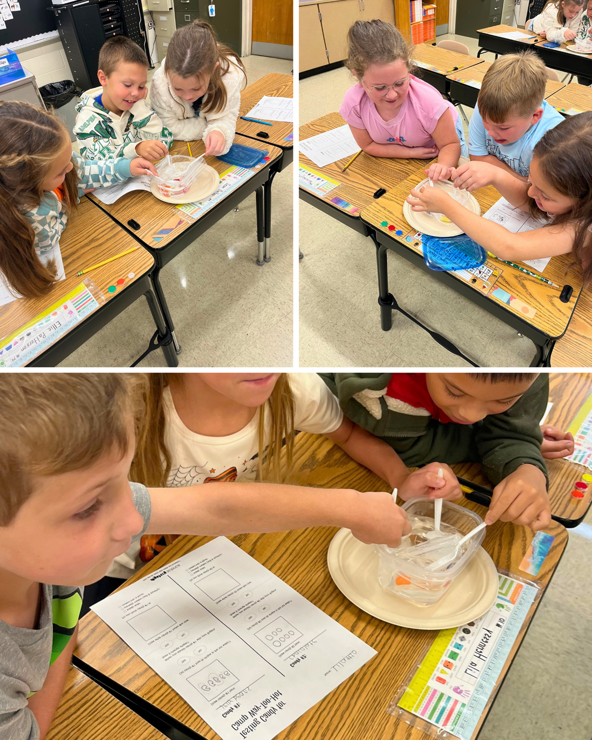 Elementary students collaborate around desks in a classroom, engaged in a science experiment.