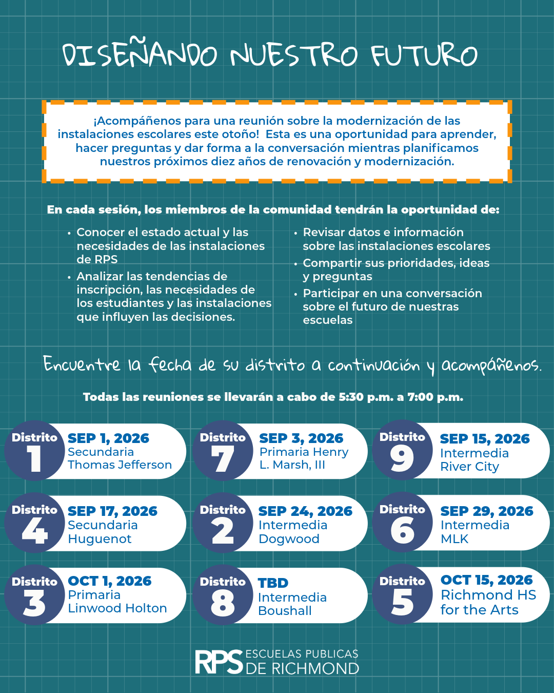 Poster announcing "Designing Our Future" meetings about school modernization in Richmond, VA.