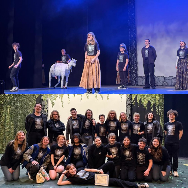 A theater cast poses for a photo on stage after a performance, with a prop sheep visible.
