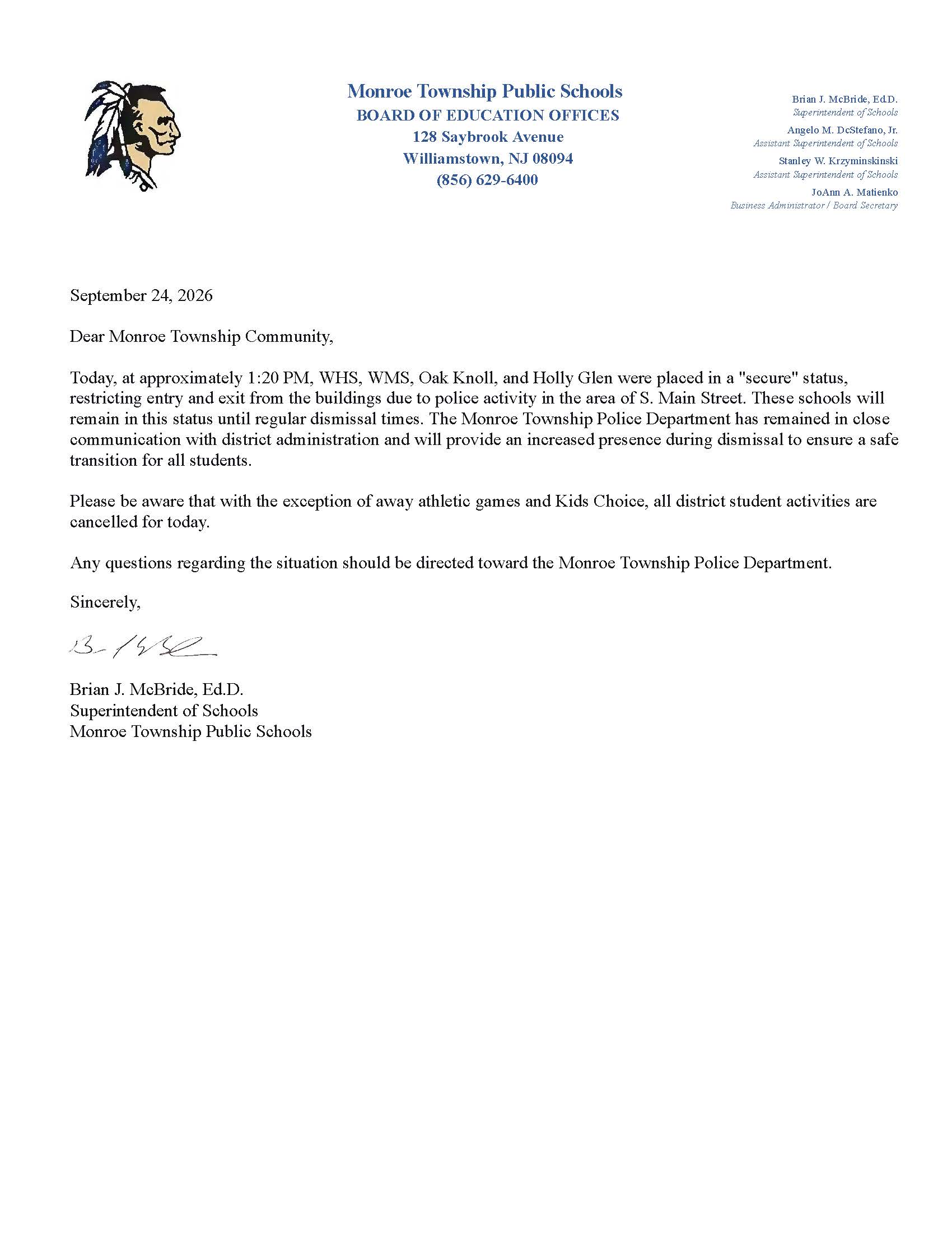 Dear Monroe Township Community