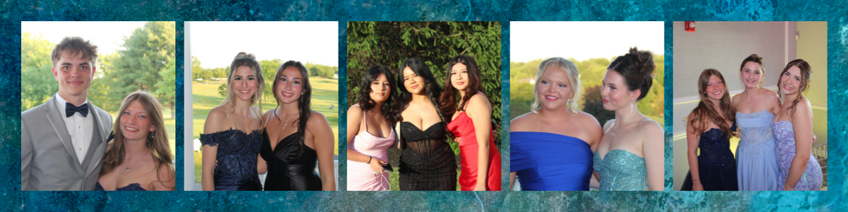 A group of young people in formal attire pose for photos, some outdoors and some indoors.