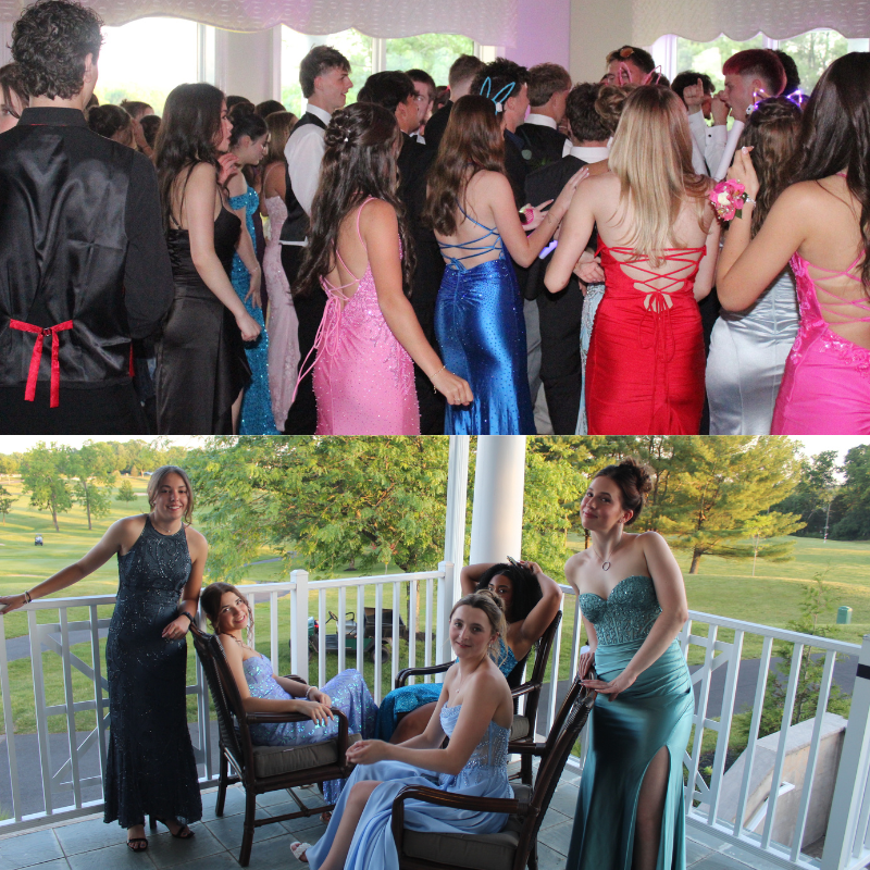 A group of young people in formal attire at a prom event.