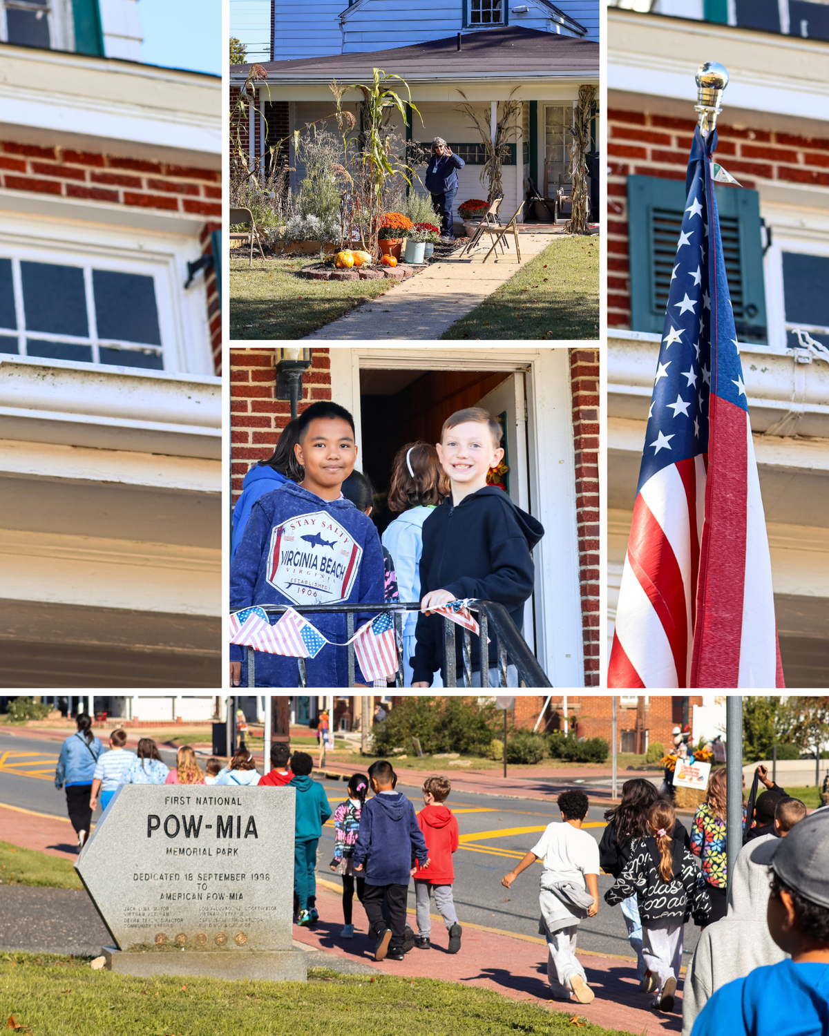 A photo collage showing children walking near a POW-MIA memorial, a smiling boy on a porch, an American flag, and a decorated house.