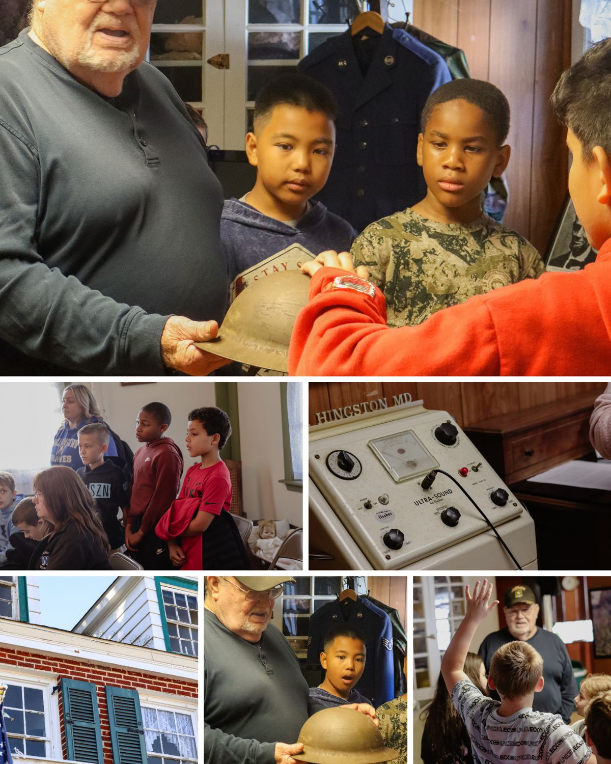 A collage of six photos shows children and adults exploring a historical museum, viewing vintage uniforms, a helmet, and old medical equipment.