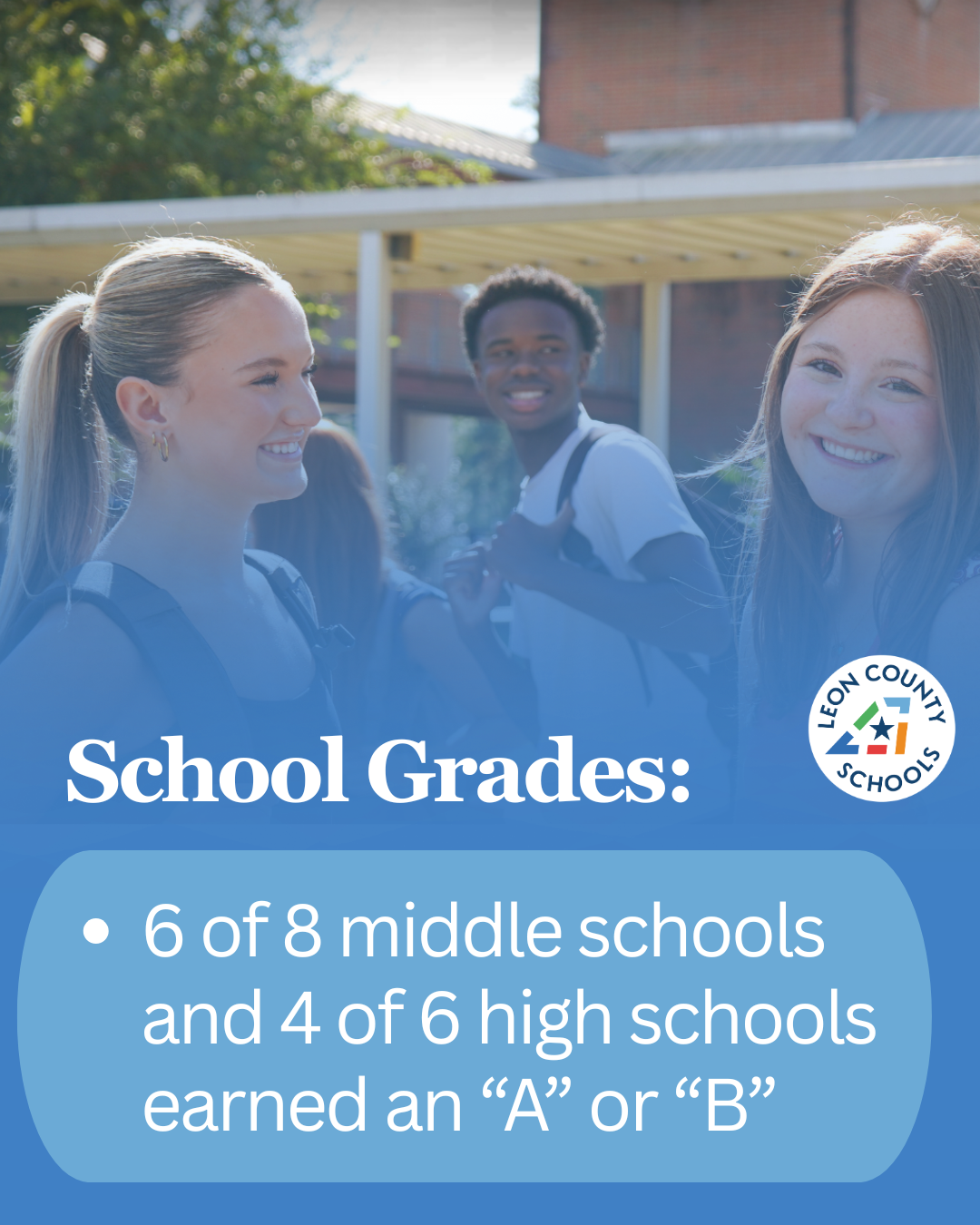 Three smiling students stand outside a school building, with text about school grades.