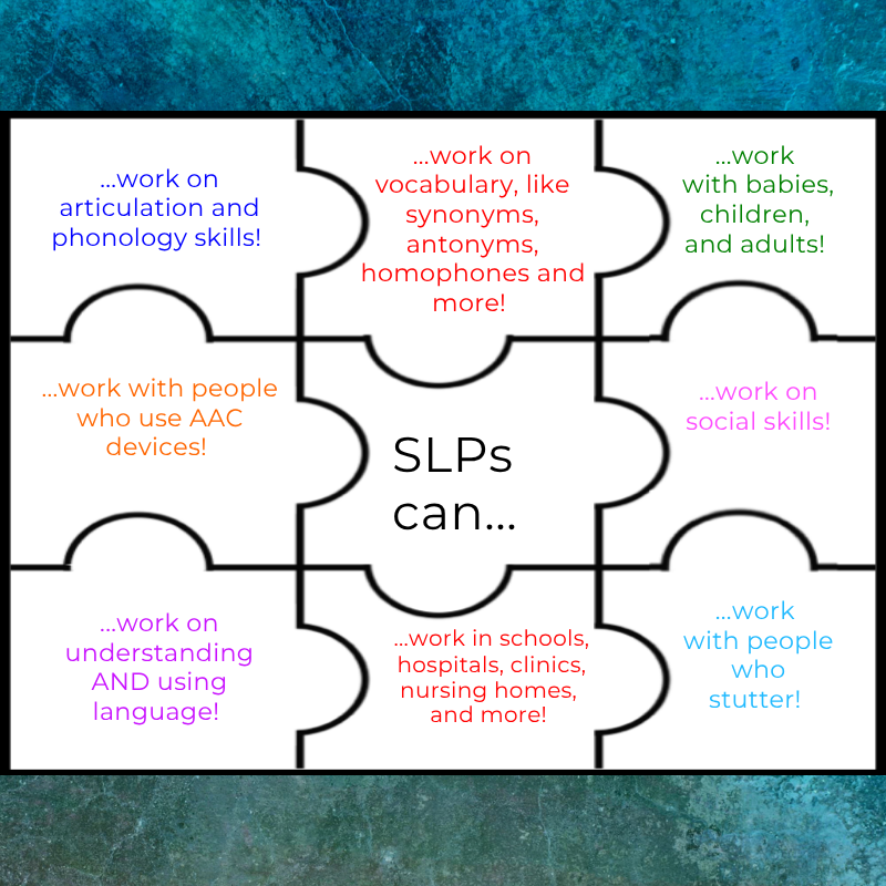 Puzzle pieces illustrate the diverse roles of SLPs, including working on articulation, vocabulary, and social skills.