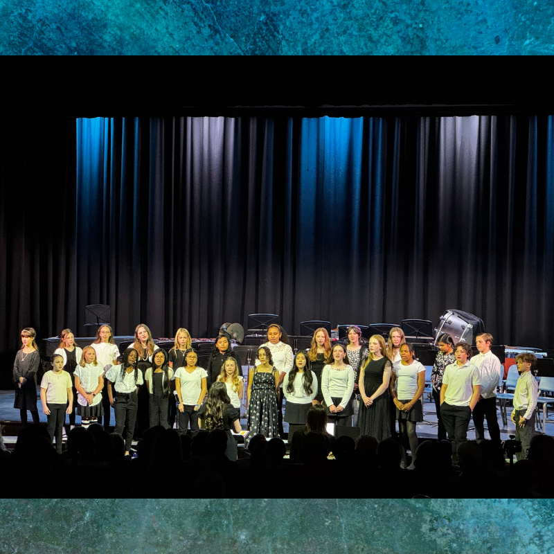 A diverse group of young people stand on a stage in front of a black curtain, posing for a photo.