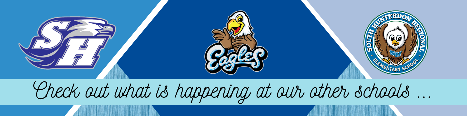 Three school logos featuring eagles and the text 'HS', 'Eagles', and 'SOUTH HUNTERDON REGIONAL ELEMENTARY SCHOOL'.