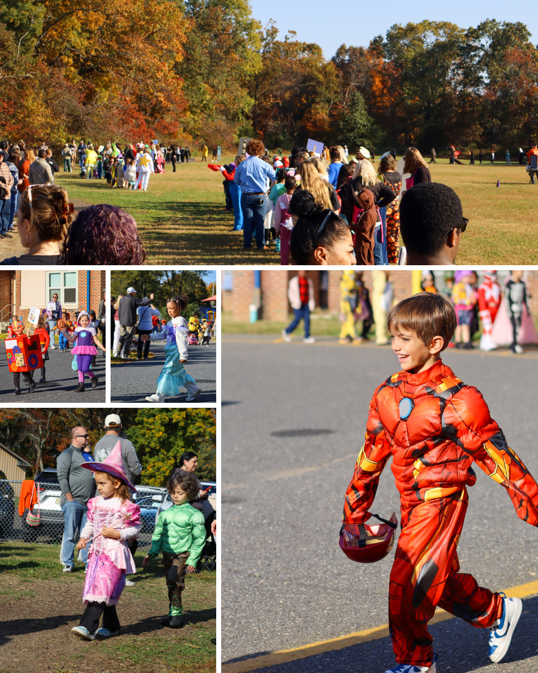 A collage shows children and adults participating in an outdoor Halloween costume parade on a sunny day.